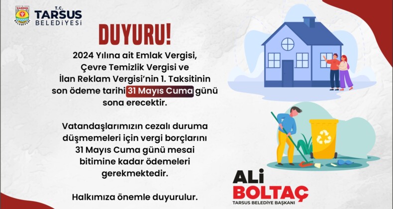 Tarsus Belediyesi’nden vergi ödemesi hatırlatması