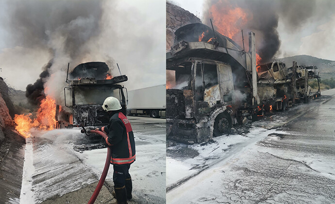 Tarsus’ta yanan tırda yüklü 7 sıfır araç yandı
